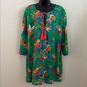 J. Crew Green Floral Mini Dress with Pink Tassels - 100% Cotton Pool Coverup